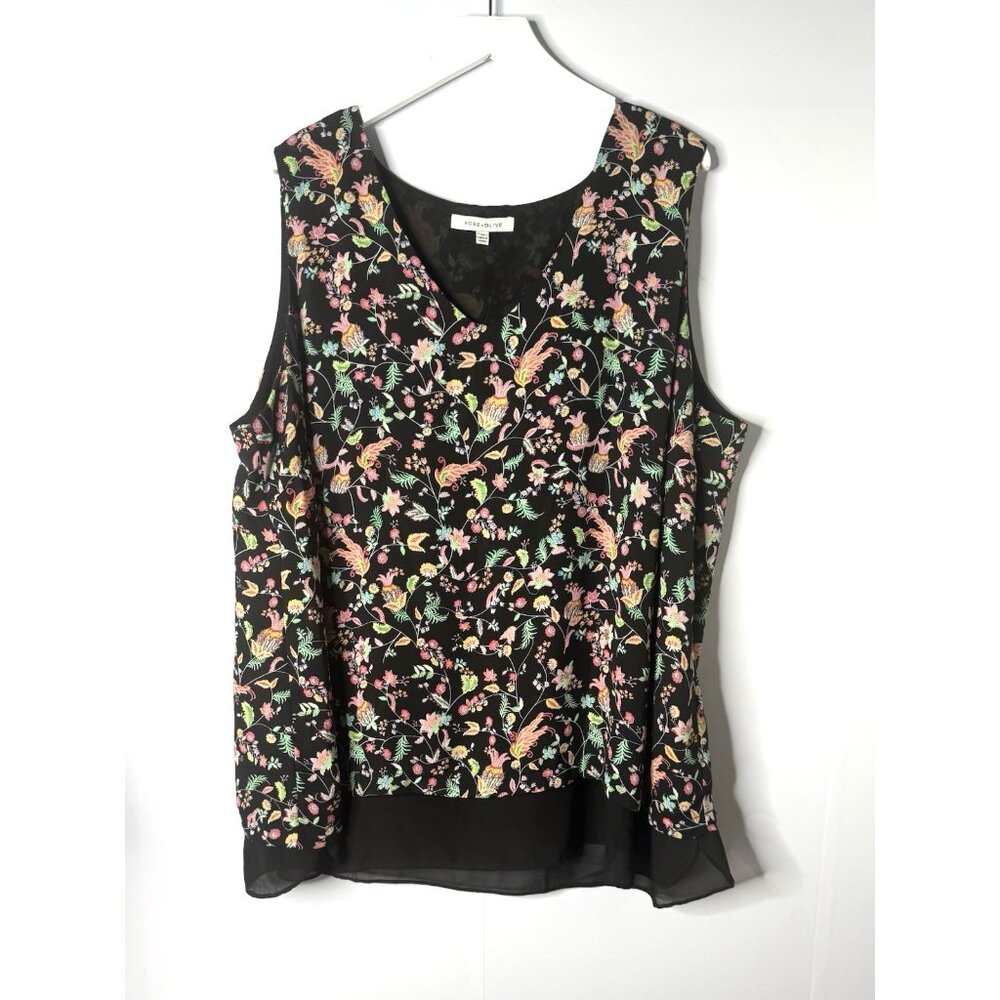 Rose Olive 3X Sleeveless Layered Top Tank Sz 3x Dark Floral V-Neck Black Sheer - Picture 1 of 9
